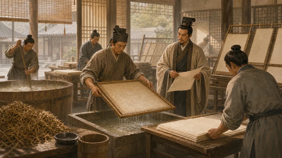 东汉作坊中改进造纸术的历史插画