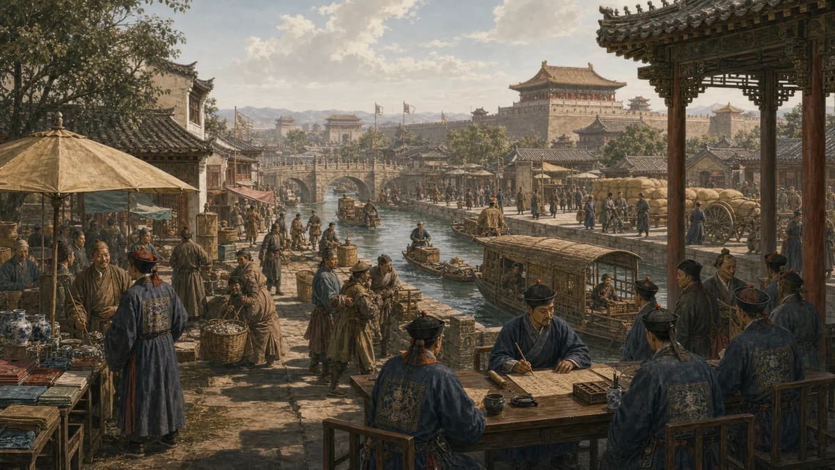 清代康乾盛世城市与漕运繁荣插画