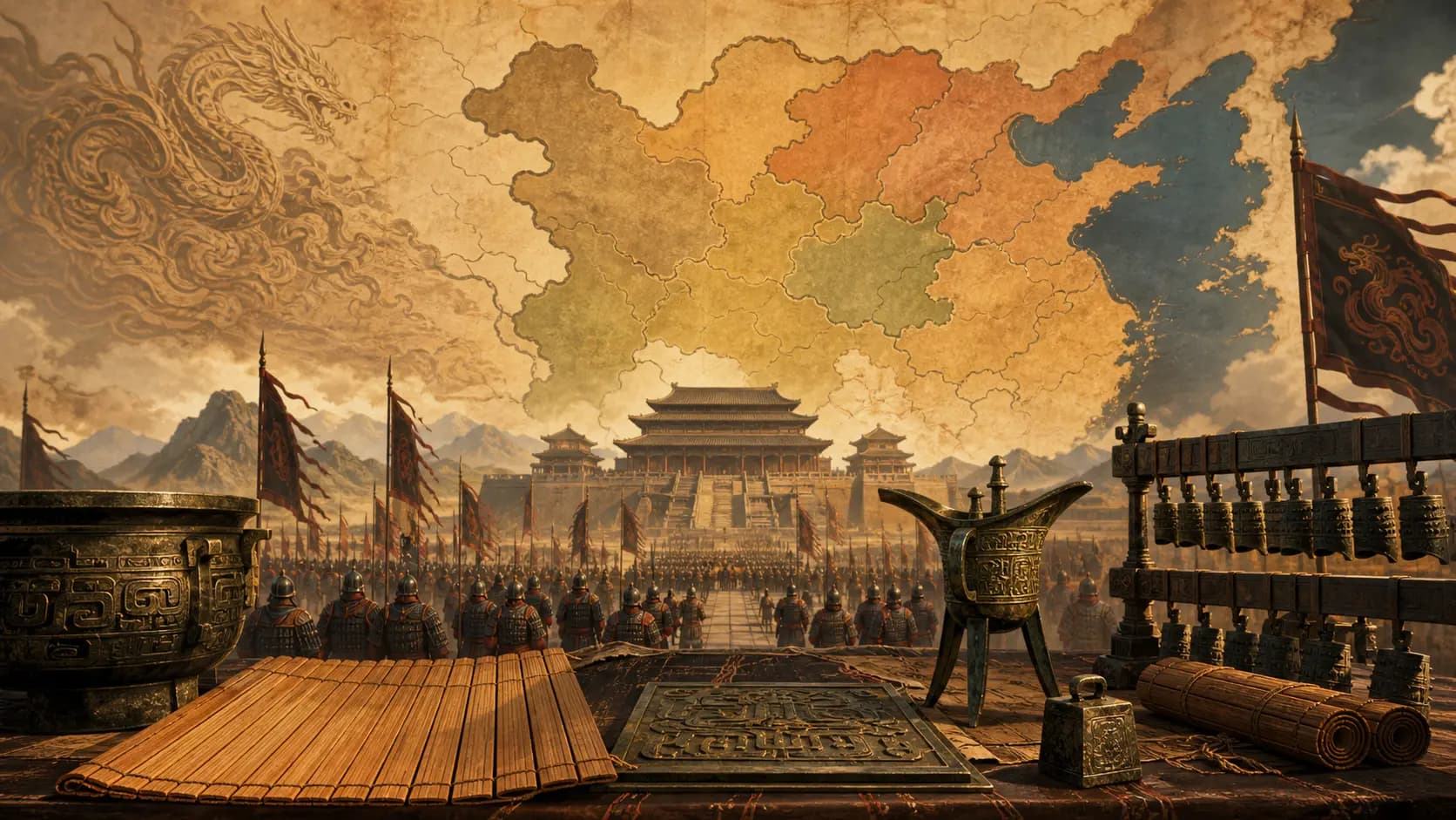 秦统一六国青铜兵器与竹简文书历史插画
