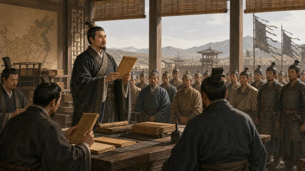 商鞅变法秦国官署与法令竹简插画