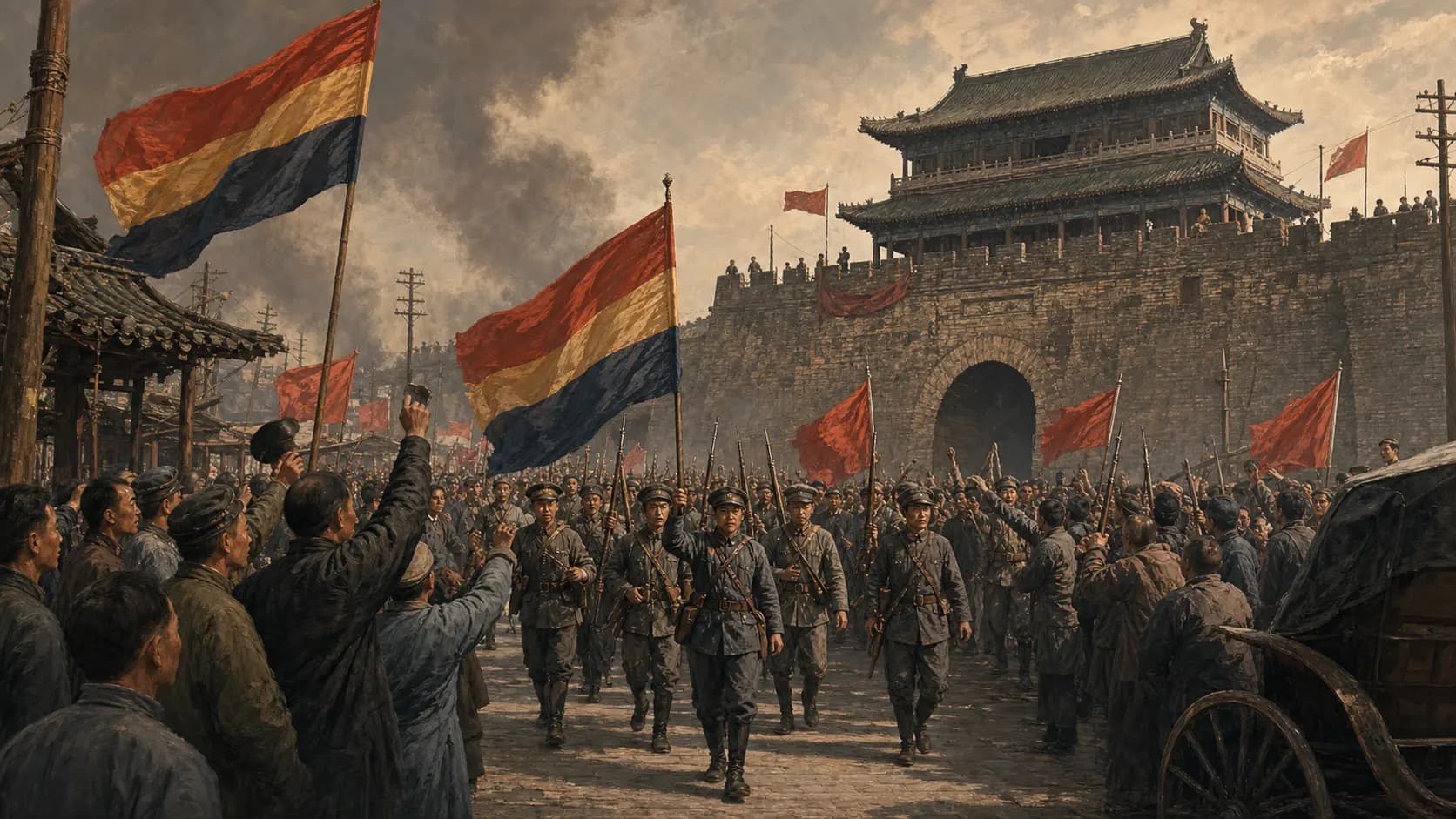 辛亥革命古城门与革命军历史插画